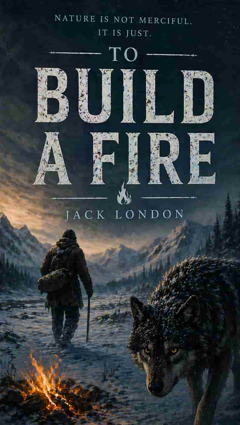 Vintage book cover for To Build a Fire; a lone traveler and a dog in a vast, snowy wilderness with a flickering fire in a classic style.