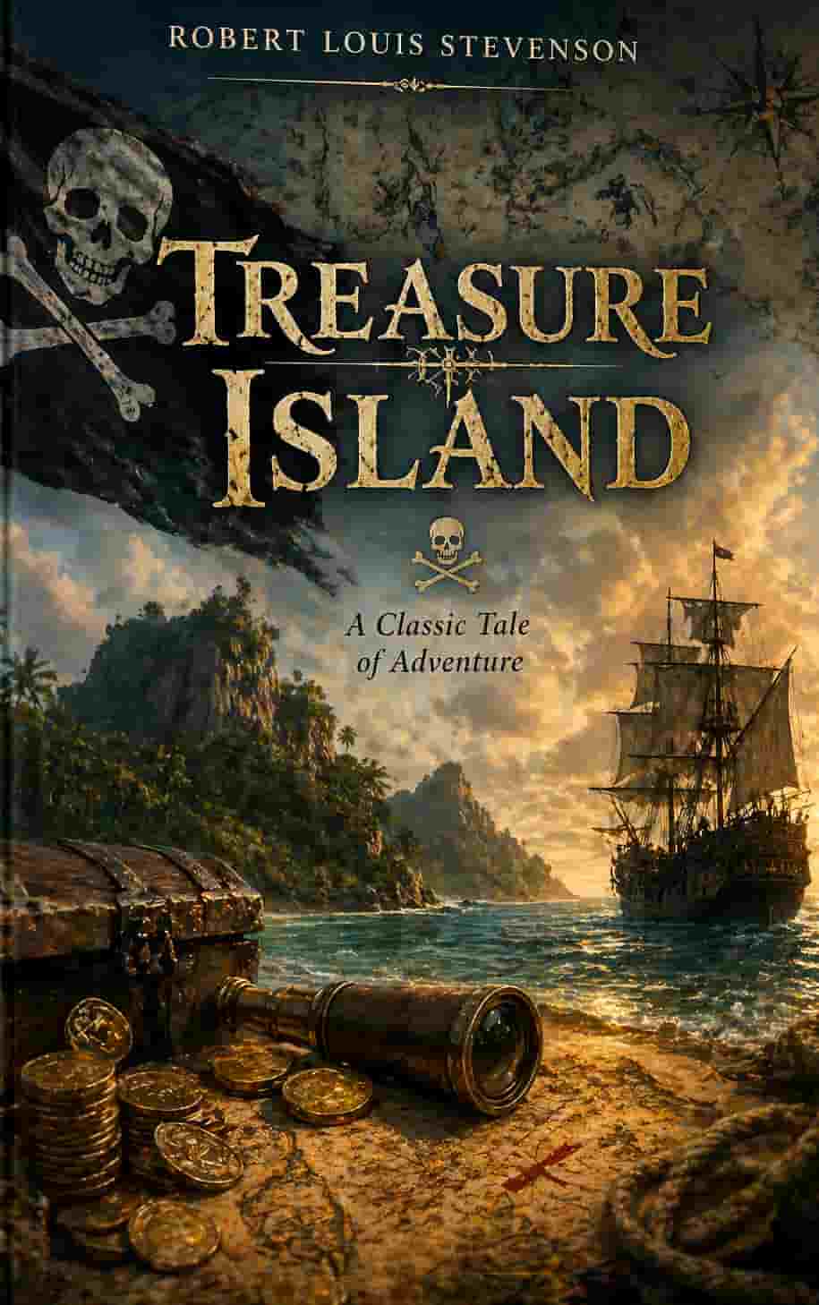 Vintage book cover for Treasure Island featuring a pirate ship, a gold compass, and tropical island elements in a classic illustrated style.