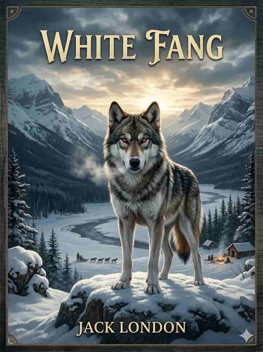 A wolf standing in a snowy wilderness with mountains in the background, dramatic and cold atmosphere book cover