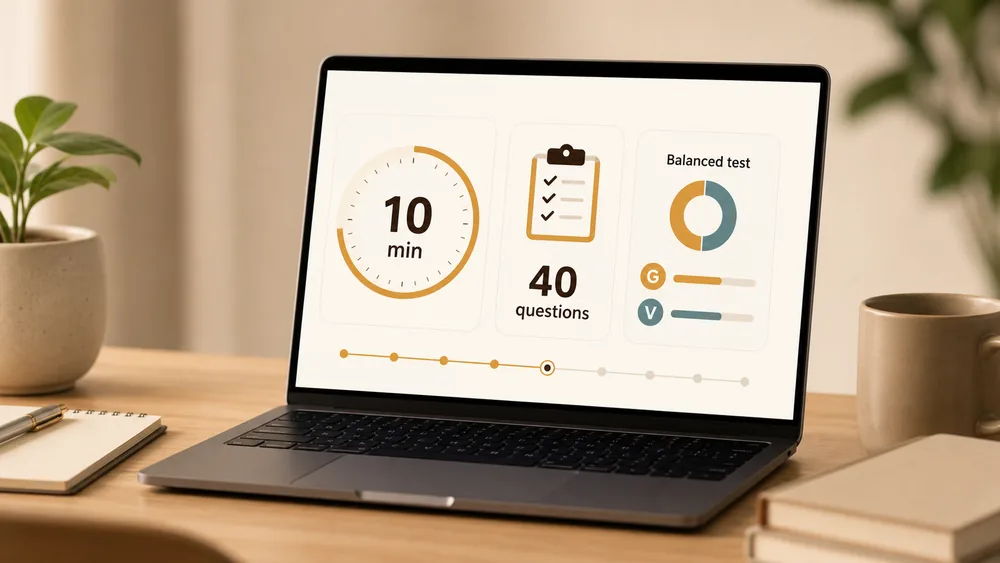 10-minute balanced English test dashboard with 40 questions