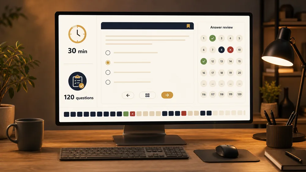 30-minute detailed English assessment dashboard with 120 questions and answer review