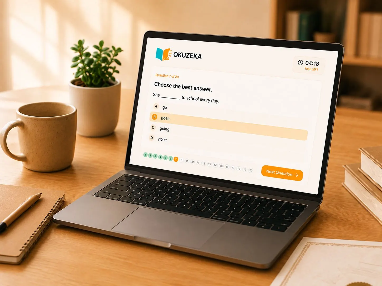 Okuzeka online English level test displayed on a laptop