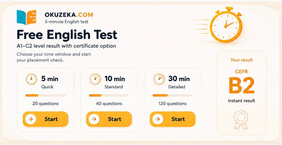 Okuzeka free English level test with 5, 10 and 30 minute options